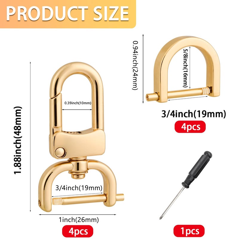 MELORDY 4pcs Detachable Snap Hook Swivel Clasp with 4pcs D-Rings Screw in Shackle for DIY Purse Strap Replacement (Gold,3/4 inch) - Image 2
